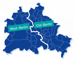 Eine Karte Berlins. Die Mauer zwischen Ost und West-Berlin ist eingezeichnet.