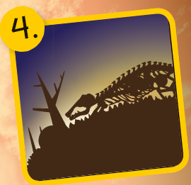 Das schwarze Skelet eines Dinosauriers und ein verdorrter Baum, zeigen das Sterben der Dionosaurier an.