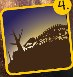 Das schwarze Skelet eines Dinosauriers und ein verdorrter Baum, zeigen das Sterben der Dionosaurier an.