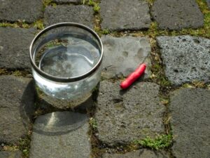 Ein bisschen Knete liegt auf dem Boden neben einem Behälter Wasser.