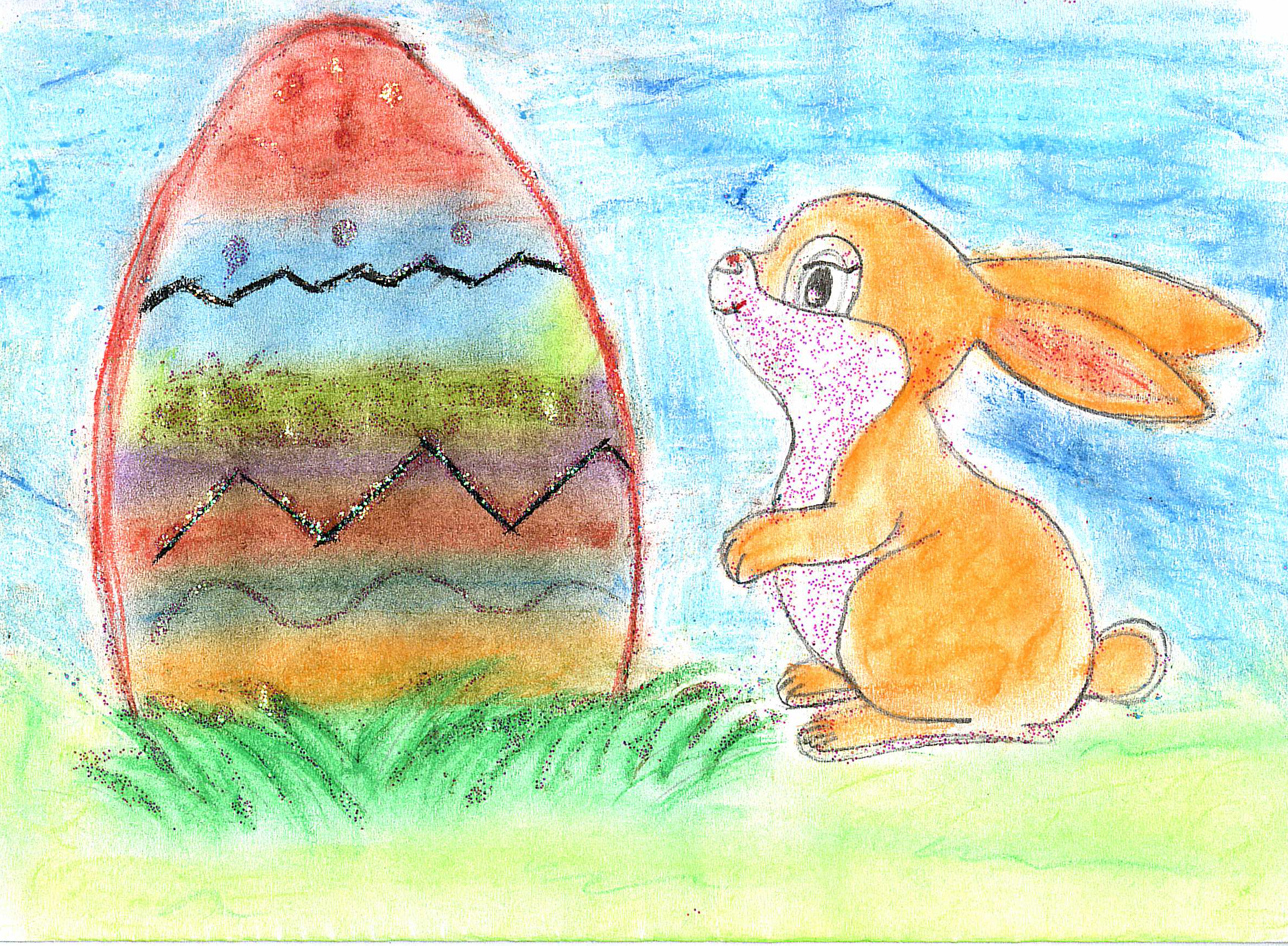 Ein Bild aus Wasserfarben von Elina Smolnikowa aus Russland. Es zeigt einen Hasen und ein Osterei.