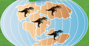 Eine Karte der Erde vor 120 Millionen Jahren. Die Kontinente waren damals sehr nahe beieinander. Es gab viele Dinosaurier.