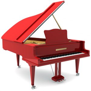 Ein rotes Klavier auf weißem Hintergrund.