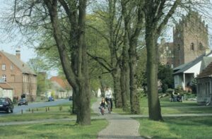 Eine Dorfstraße in Linum. Einige Bäume stehen um die Gehwege.