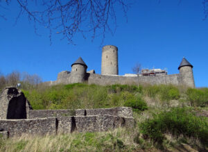 Die Nürburg steht auf einem Berg. An seinem Hang wachsen Sträucher.