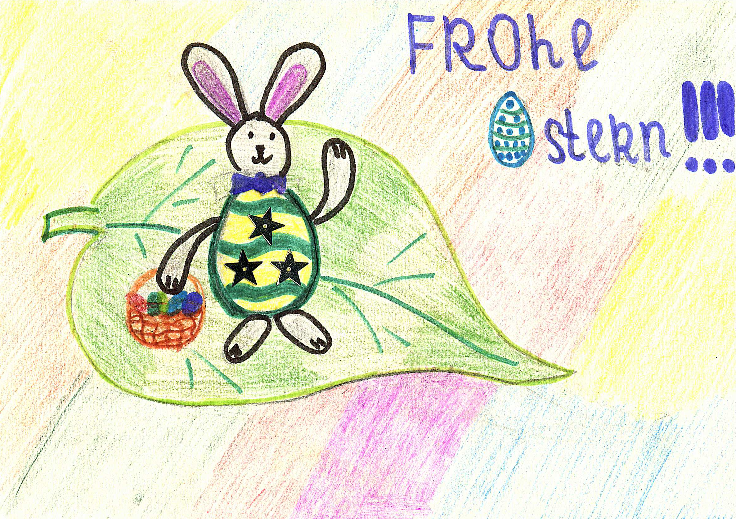 Ein Bild von Polina Kirtschegina aus Russland. Sie hat ein Baumblatt mit einem Osterhasen gemalt.
