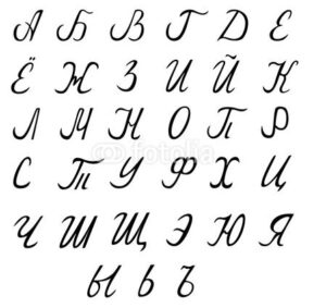 Das kyrillische Alphabet in schwarzen Buchstaben.