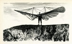 Otto-Lilienthal ist dabei mit seinen Flügeln, dem kleinen Ornithoper, abzuheben. Es handelt sich um ein historisches Foto in schwarz-weiß.
