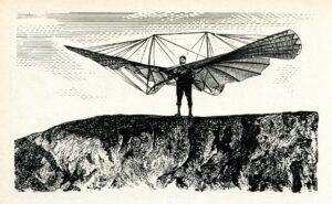 Otto-Lilienthal ist dabei mit seinen Flügeln, dem kleinen Ornithoper, abzuheben. Es handelt sich um ein historisches Foto in schwarz-weiß.