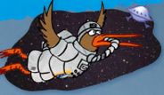Ein Comic von einem Vogel in einem Weltraumanzug im Weltall.