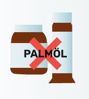 Auf einem Bild streicht ein rotes Kreuz zwei Palmölflaschen durch. Es fordert dazu auf, kein Palmöl mehr zu kaufen. 