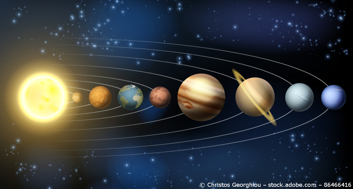 Universum erkunden: Ein Modell des Sonnensystems zeigt dir die Sonne, die Planten und ihre Umlaufbahnen.