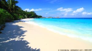 Ein weißer Sandstrand, rechts und links daneben Meer und Wald