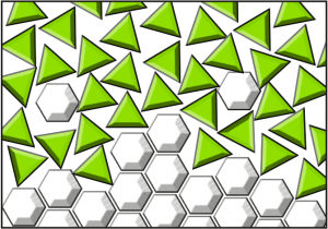 Eine Mischung von dreieckigen, grünen Wasserteilchen und sechseckigen, weißen Zuckerteilchen. Die Teilchen sind zu großen Teilen miteinander vermischt. 
