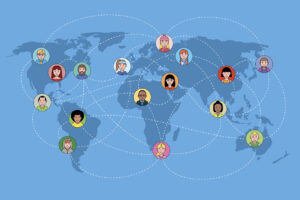 Eine Weltkarte mit verschiedenen Gesichtern in verschiedenen Ländern.