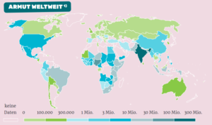 Weltkarte, die mithilfe eines Farbcodes Armut weltweit nach Ländern aufzeigt.